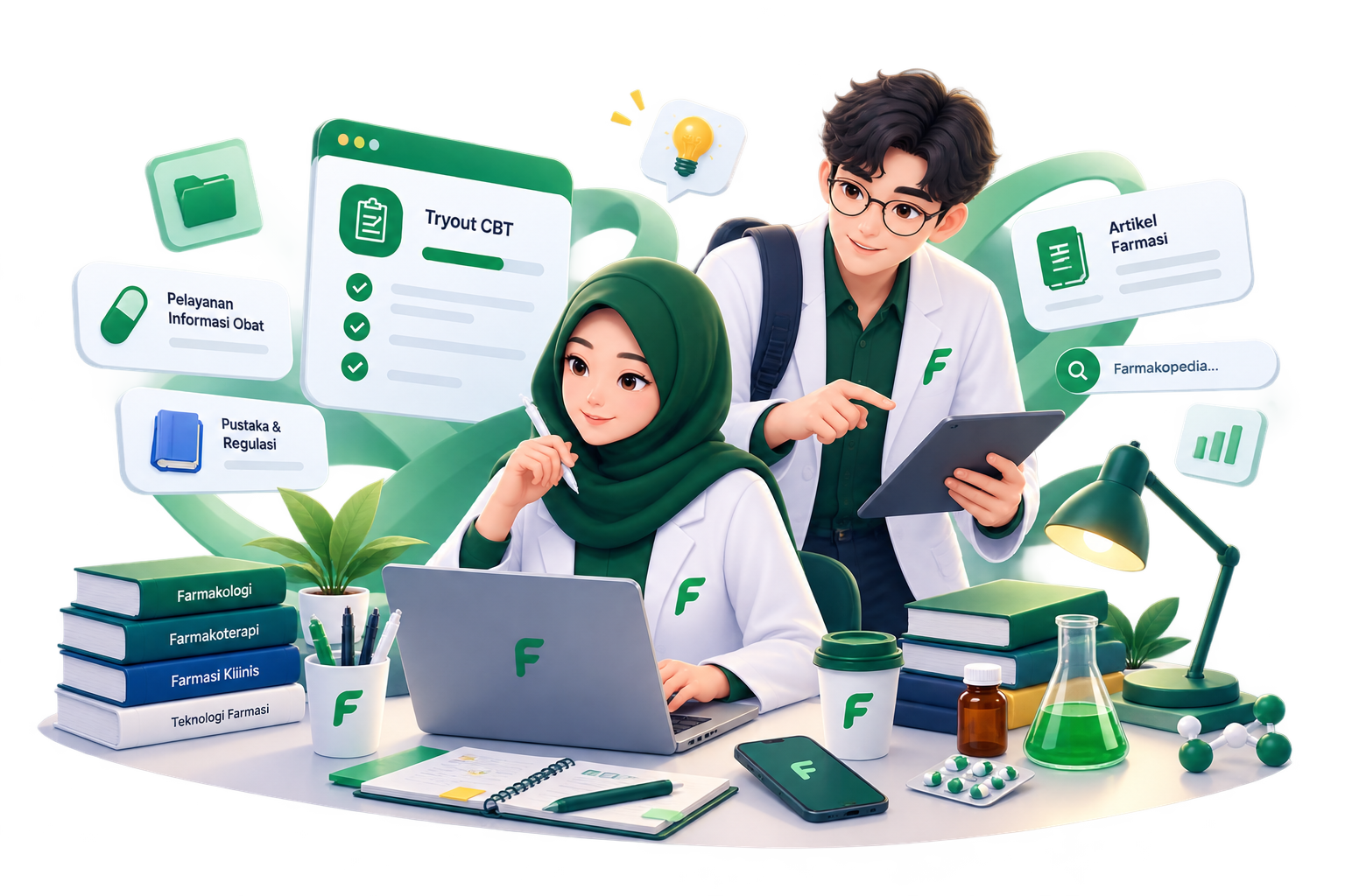 Ilustrasi mahasiswa farmasi dan apoteker belajar bersama materi UKOMNAS di Farmahub